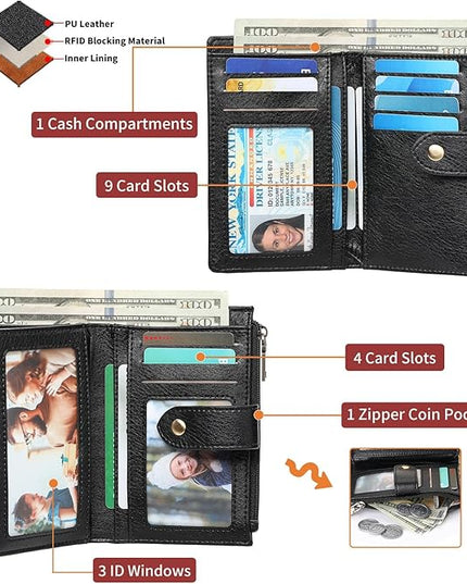 FALAN MULE Small Wallet for Women RIFD Leather Bifold Credit Card Holder with 3 ID Window
