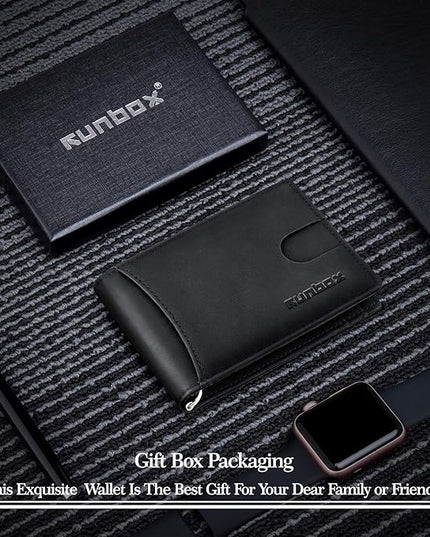 RUNBOX Slim Wallet for Men Genuine Leather RFID Blocking Bifold Minimalist Front Pocket Mens Wallet with Money Clip Thin Gift Box