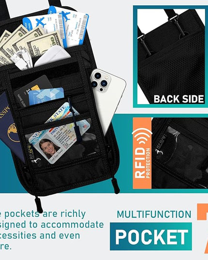 sundee Travel Neck Wallet with Double Zippers, RFID Blocking Passport Holder with Adjustable Neck Strap for Men and Women to Keep Cash, Credit Cards and Travel Documents Safe - Black
