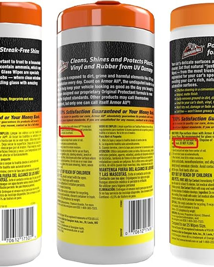 Armor All Protectant, Glass and Cleaning Wipes, Wipes for Car Interior and Car Exterior, 30 Count Each (Pack of 6)