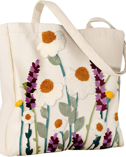 Aesthetic Embroidery Tote Bag for Women - Reusable Canvas Cute Shoulder Bag for Shopping, Grocery, Work, Book
