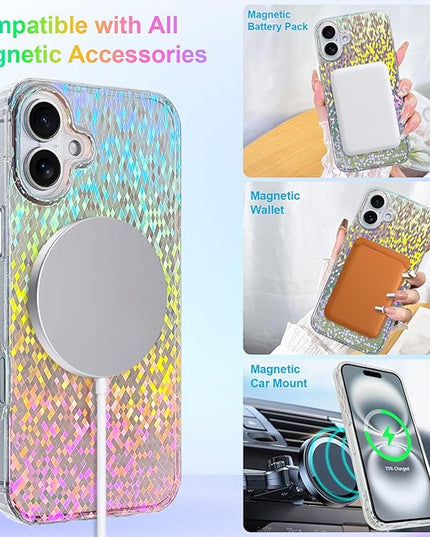 Glitter Case for iPhone 16 Plus Case for Women Girls [ Compatible with Magsafe ] Clear Cute Girly Aesthetic Colorful Iridescent Rainbow Sparkly Sparkle Bling Magnetic Protective Phone Cover