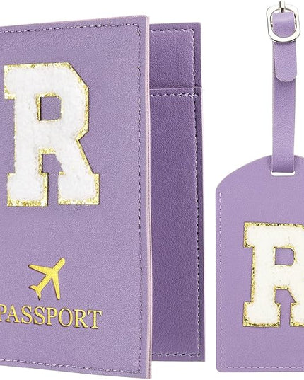 PATIKIL Passport Holder for Travel, Initial Passport Cover and Luggage Tag Set with Alphabet Chenille Letter Patch Travel Wallet Bag Suitcase Identifier for Women Family Travel Purple R