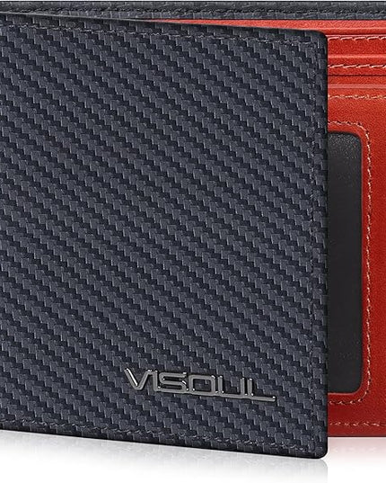 VISOUL Mens Bifold Wallet with 2 ID Windows Carbon Fiber Leather, RFID Blocking Secure Designer Billfold Wallets for Men with Two Cash Compartments (Black+Orange Red)