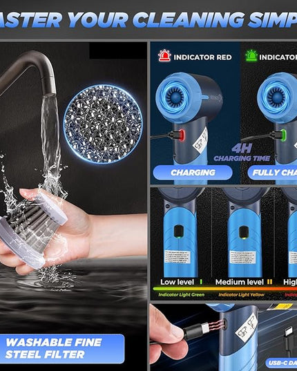 Saker Portable Car Vacuum Cleaner Cordless High Power 17000PA 3 in 1 Foldable Handheld Vacuum Cordless with Brushless Motor for Inflation,Dust Blowing,Home Car Cleaning HL132 Blue