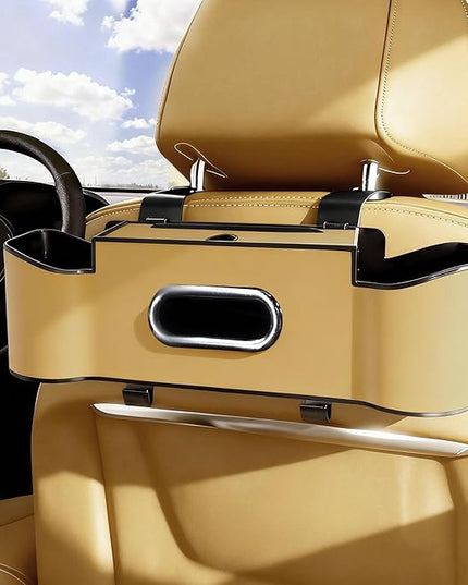 Car Backseat Organizer for Kids & Travelers - 4 in 1 Multifunctional Car Seat Back Storage with Cup Holder, Tissue Box, Snack/Handbag Holder - Nappa Leather Universal Fit for SUV/Van/Sedan (Beige)