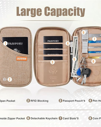 defway Passport Holder Travel Wallet - Family Passport Holder of 4, RFID Blocking Passport Wallet for Men Women, Travel Essentials for Flying (khaki)