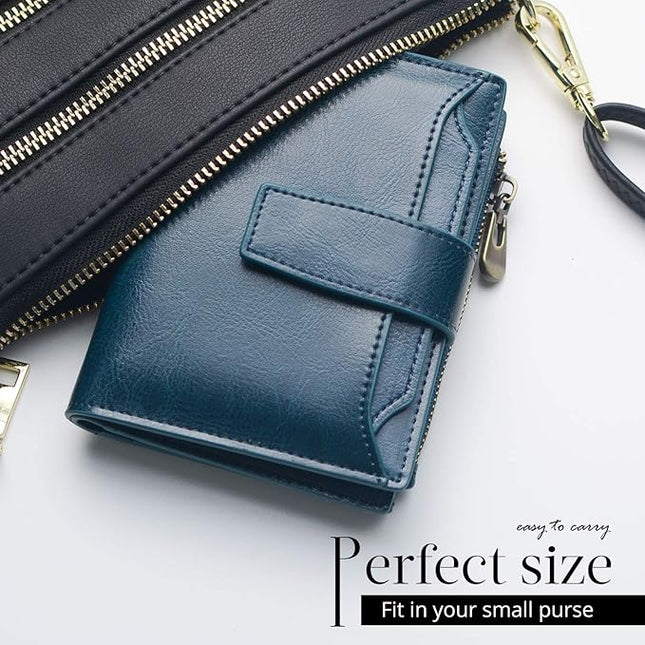 Bveyzi Women's Small Leather RFID Blocking Bifold Zipper Pocket Wallet Ladies Credit Card Slots Purse with id Window