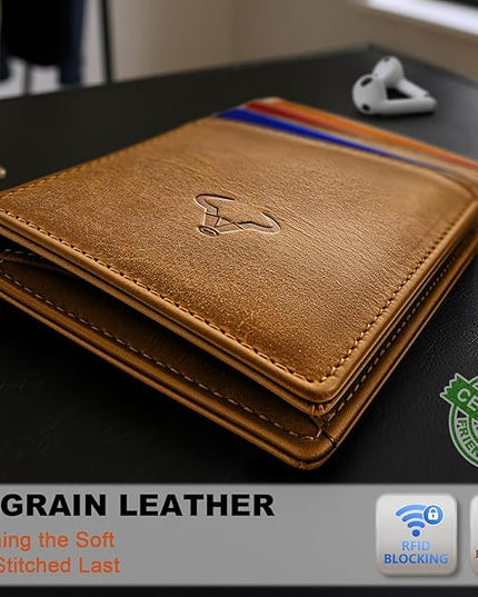 BULLIANT Men Wallet,Top Grain Leather Slim Wallet Magnetic Closure Simplifed Bill Folder RFID Blocking 11Cards