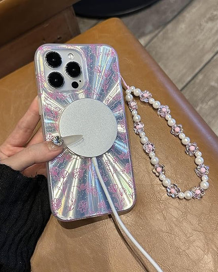 Compatible with iPhone 15 Pro Cases,Cute Flower Phone case with Floral Pearl Chain,Compatible MagSafe Silicone Shockproof Phone case for Women and Teenage Girls.