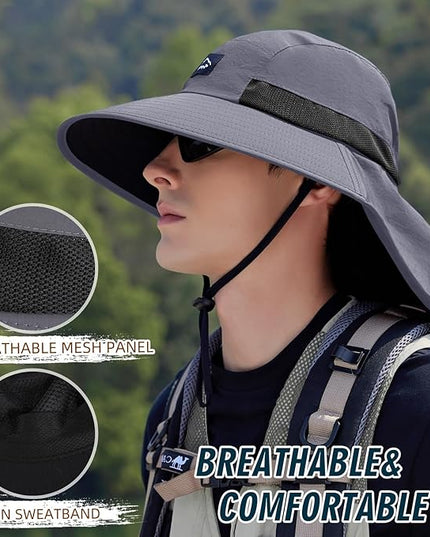 Rosoz Outdoor Sun Hat for Men Women, UPF50+ Protection Safari Cap Wide Brim Mesh Fishing Hat with Neck Flap Beach Garden