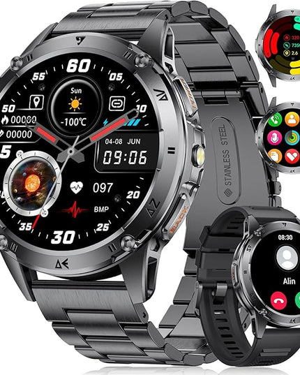 LIGE Military Smart Watch for Men iPhone Android 1.43" HD Amoled Rugged 120+ Sport Modes IP68 Waterproof Answer/Make Call Fitness Running Heart Rate Blood Pressure Health Mens Smartwatch EF6-A