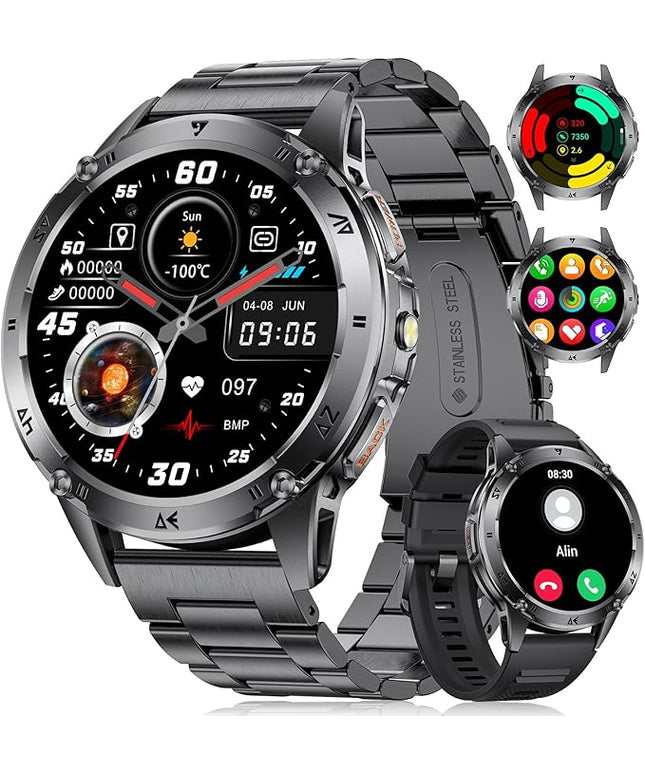 LIGE Military Smart Watch for Men iPhone Android 1.43" HD Amoled Rugged 120+ Sport Modes IP68 Waterproof Answer/Make Call Fitness Running Heart Rate Blood Pressure Health Mens Smartwatch EF6-A