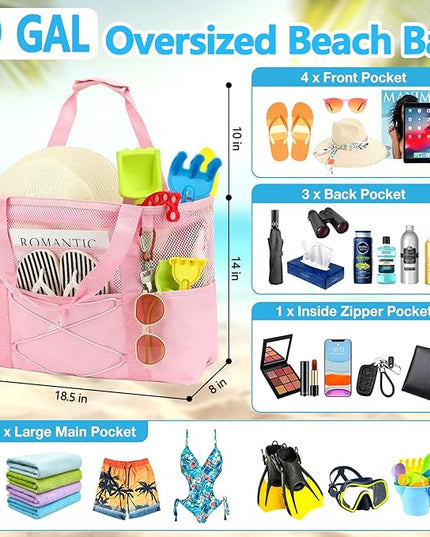 Mesh Beach Bag, Large Beach Tote with Zipper Pocket, Toys Pool Bag for Family Travel Vacation Cruise Essentials