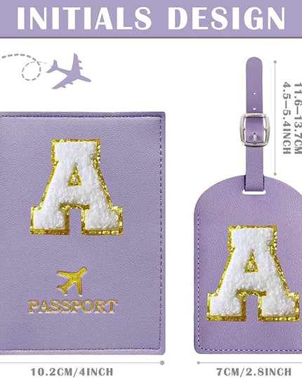 COSHAYSOO Purple Passport Cover Holder and Initial Luggage Tag Set TSA Approved with Personalized Monogram Chenille Letter Patch for Women Teen Girls, Cute Travel Bag Suitcase Identifier (A)