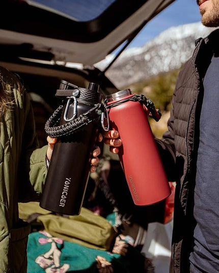 Insulated Water Bottle 40oz,Triple Wall Vacuum Stainless Steel(Dishwasher Safe),Leak Proof & Non-BPA,Flask Jug with Paracord Handle & Straw Spout Lids Sports Cherry Blossom