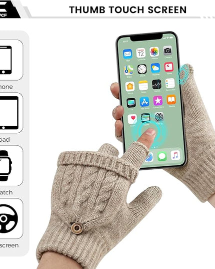 Winter Fingerless Gloves for Women Men Warm Knitted Convertible Mittens Flap Cover