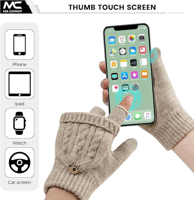 Winter Fingerless Gloves for Women Men Warm Knitted Convertible Mittens Flap Cover