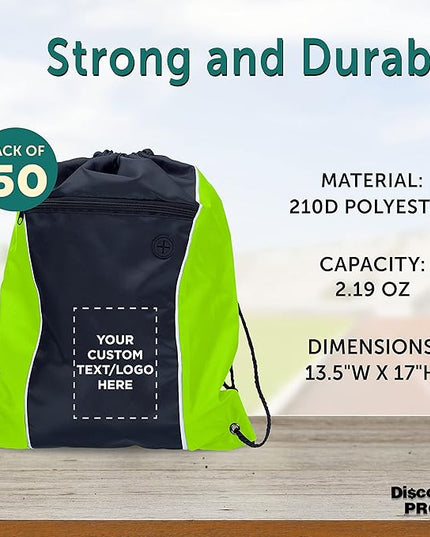 DISCOUNT PROMOS Two-Tone Drawstring Backpack Non-Woven -50 pack - Customizable Text, Logo - Durable Sports Backpacks- Ideal for Work, Sports, Travel, Gym & More - Lime Green