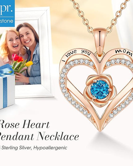 CDE Christmas Gifts for Women S925 Silver Rose Gold Heart Birthstone Necklaces for Women，Ideal Anniversary or Birthday Jewelry Gifts for Wife Girlfriend Her