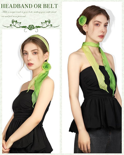 Chiffon Scarf for Women, Removable Flower Neck Scarf Light Soft Fashion Rose Scarves Versatile Headband or Hair Band