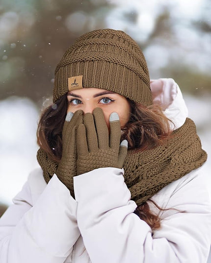 Winter Beanie Hat Scarf Gloves, Warm Fleece Knit Hats Touch Screen Gloves Neck Scarf Set Winter Gifts for Unisex Adult