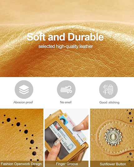 TFKGS Small Womens Wallet Leather RFID Blocking Bifold Compact Card Holder Ladies Zipper Accordion Pocket with ID Window Yellow