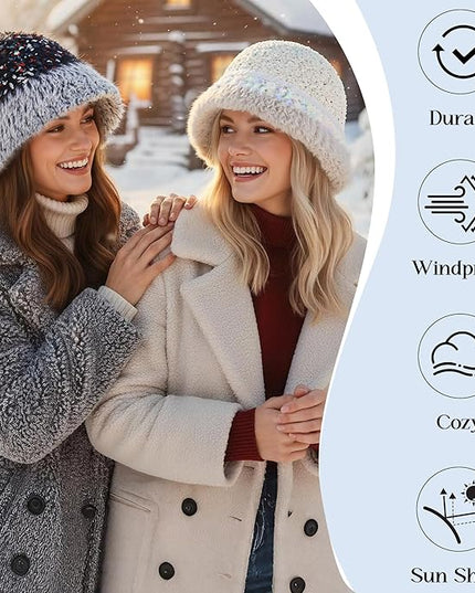 YI HENG MEI Women Knit Bucket Hat, Fluffy Winter Fisherman Hat Fuzzy Soft Warm Beanie Caps Women Cloche Caps Warm Bowler Hats