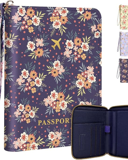 Passport Holder, Passport Holder For Travel, Passport Cover For Travel Essentials, Passport Wallet Cover RFID Blocking, Cute Passport Book for Women and Men, Navy Blue Flowers