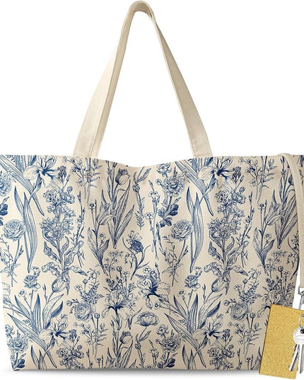 Large Tote Bag for Women - Aesthetic Cute Big Canvas Bags with Zipper Cotton Shoulder Bag for Gym, Travel, Work