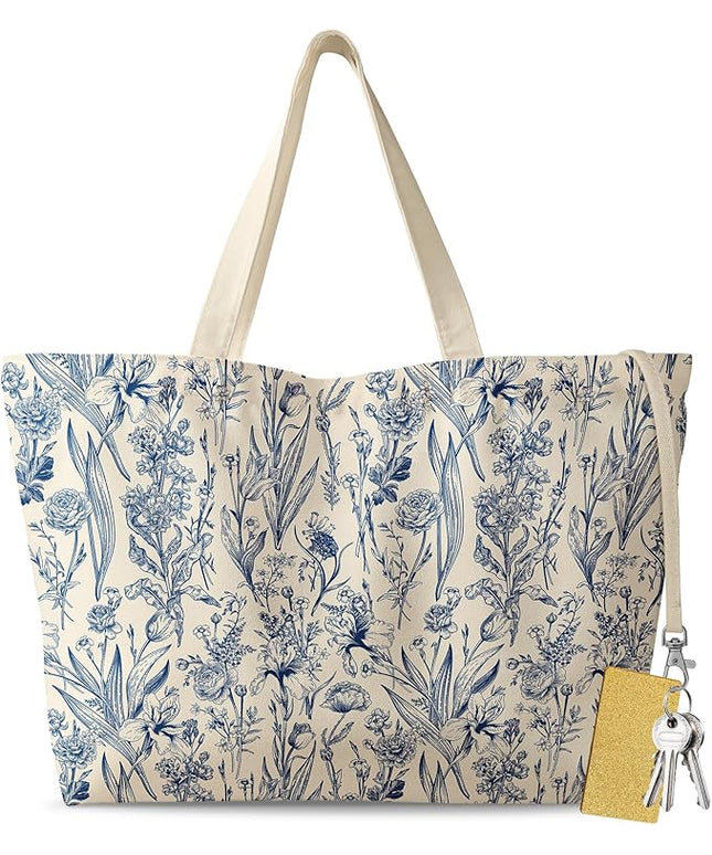 Large Tote Bag for Women - Aesthetic Cute Big Canvas Bags with Zipper Cotton Shoulder Bag for Gym, Travel, Work