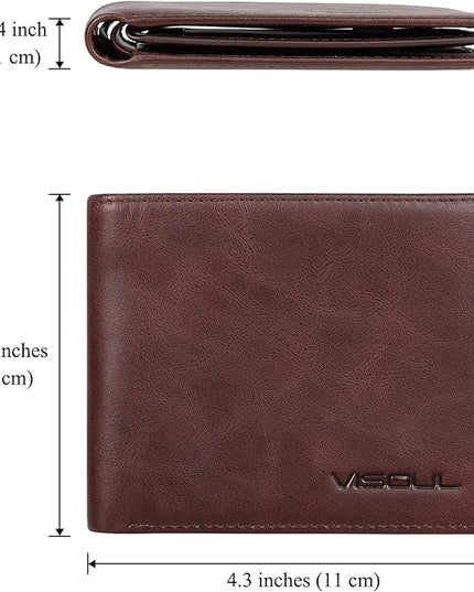 VISOUL Mens Bifold Leather RFID Blocking Wallet with 2 ID Windows, Soft Genuine Leather Card Holder Wallet with 2 Cash Compartments for Men (Coffee)