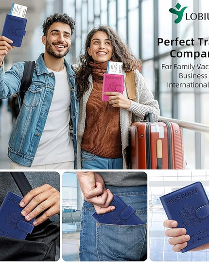 Passport Holder For Travel with Slot for AirTag & Luggage Tag Cover – RFID Blocking Travel Passport Wallet for Women/Men/Family | PU Leather Passport Case with Extra Money Pocket, Blue