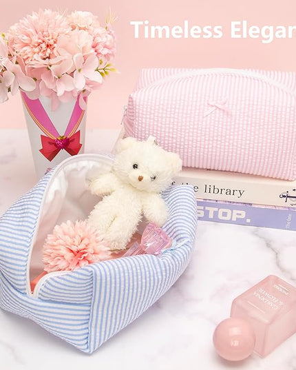 PAZIMIIK 2PCS Cozy Makeup Bag Travel Cosmetic Bag for Women Soft Toiletry Bag Aesthetic Makeup Organizer Portable Large Zipper Pouch for Skincare Beauty Accessories Brushes Stripe Blue