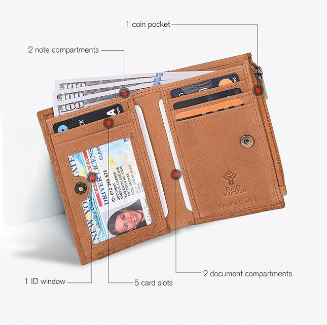 Oak Leathers Leather Wallet For Women - Small RFID Coin Purse Credit Card & ID Holder for Ladies, Gift for Women's, Bifold Wallets (Crazy Horse Cognac)
