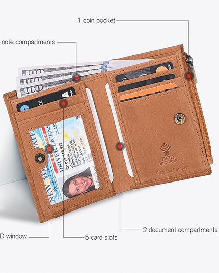 Oak Leathers Leather Wallet For Women - Small RFID Coin Purse Credit Card & ID Holder for Ladies, Gift for Women's, Bifold Wallets (Crazy Horse Cognac Flower)