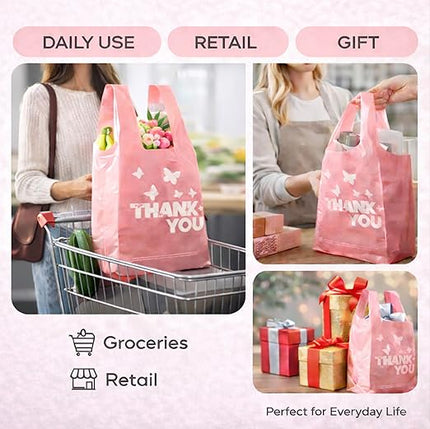 PINK Thank you bags, 200PCS T shirt bags, To Go Bags,Grocery bags, Reusable and Disposable,Perfect for Small Business,Take Out,Retails,11 inchx6 inchx21 inch(200),Large