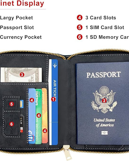 defway Passport Holder Travel Wallet - RFID Passport Holder, Zip Closure Card Cover, PU Leather Travel Wallet, RFID Blocking Secure Document Organizer Travel Essentials (Black)