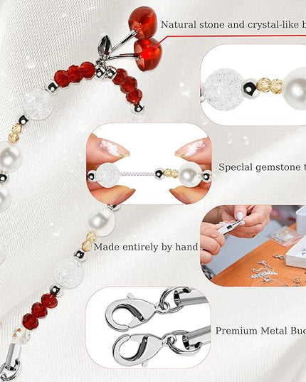 Marble Beaded Phone Wrist Strap,Detachable Phone Bracelet Strap with Tether Tab,Hands-Free Wristlet Strap (Red Cherry)