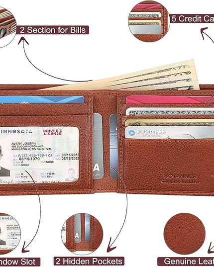 BOTANNER Genuine Leather Mens Bifold Wallet Slim RFID Blocking 5 Credit Card Slots 1 ID Window 2 Sections for Bills 2 Additional Slots | Tan