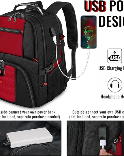 YOREPEK Travel Backpack, Extra Large 50L Laptop Backpacks for Men Women, Water Resistant College Backpack Airline Approved Business Work Bag with USB Charging Port Fits 17 Inch Computer, Bright Red