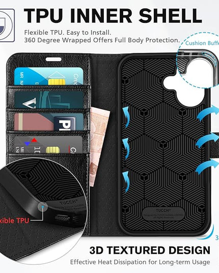 TUCCH Wallet Case for iPhone 16, Kickstand [RFID Blocking] 4 Card Slots [Protective TPU Interior Case], PU Leather Magnetic Shockproof Flip Cover Compatible with iPhone 16, Textured Black