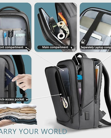 hk Laptop Backpack for Men with USB Charging Port Water-Resistant for 15.6 Inch Computer Bag Durable High-Tech Daypack Casual Backpack for Business Work College Weekender Travel- Dark Grey