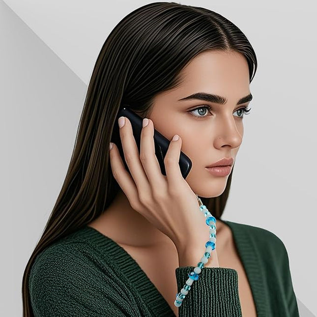 Marble Beaded Phone Wrist Strap,Detachable Phone Bracelet Strap with Tether Tab,Hands-Free Wristlet Strap (Blue Mushroom)