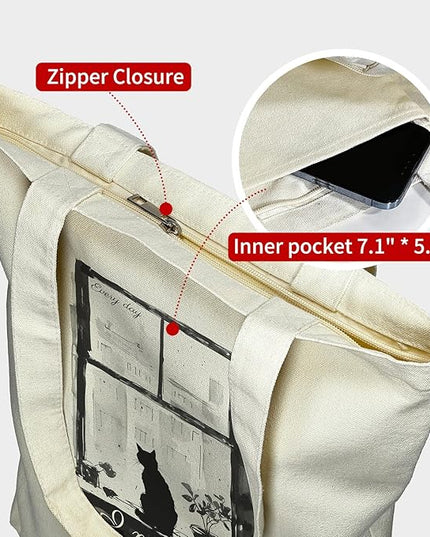 Tote Bag for Women, Reusable Zippered Canvas Bag with Handles Pocket Thick Canvas, for Grocery Shopping Beach Gift