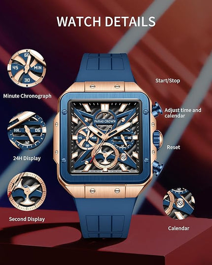 Paras Crown Watches for Men Tonneau 5ATM Waterproof Quartz Luxury Chronograph Analog Men's Wrist Watches Stainless Steel Case Mens Watches