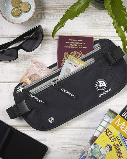 VENTURE 4TH Money Belt for Travel – Hidden Under-Clothes RFID Blocking Passport Holder & Slim Travel Wallet Pouch for Men & Women to Protect Cash, Cards & Documents (Black)