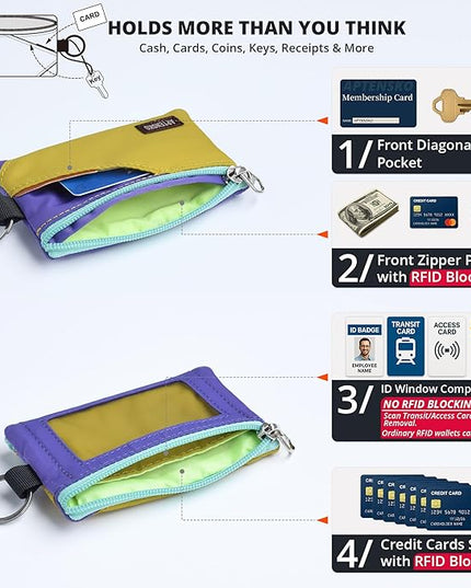 RFID Travel Wallet with Adjustable Lanyard-Zipper Small Wallet with ID Card Holder, Keychain for women&men-Minimalist Slim Waterproof Nylon case for ID, Cash, Key (DarkYellow+Violet)