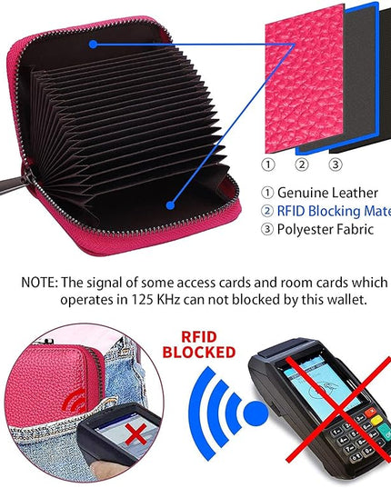 Linno RFID 20 Slots Credit Card Holder Genuine Leather Small Wallet for Women or Men with Zipper
