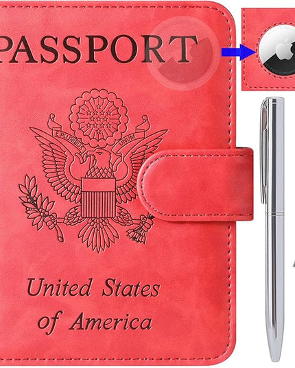 Airtag Passport Holder Cover Wallet Travel Essentials Leather Rfid Blocking Case Vacation Luggage Must Haves Travel Accessories for Men Women (117#Red)